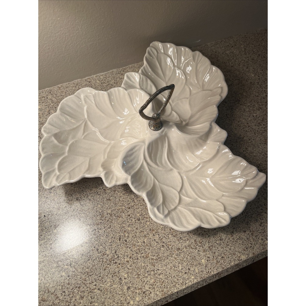 Vintage  USA 3 Part Relish Tray w/Metal Handle Marked N273 Embossed Leaf Shape